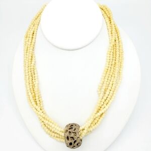 Vintage Beaded Bone Necklace Multi Strand Carved Focal Ethnic Tribal Bohemian